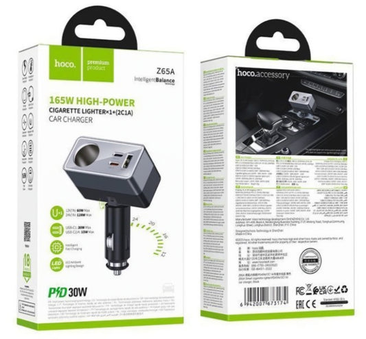 Carregador Automóvel HOCO Z65A, 165W, 3A, 1 x Extensão Isqueiro - 1 x USB-A - 2 x USB-C, Preto