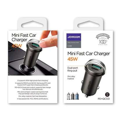 Carregador Automotivo Joyroom C-A35, 45W, 5A, 1 x USB-A - 1 x USB-C, Cinza