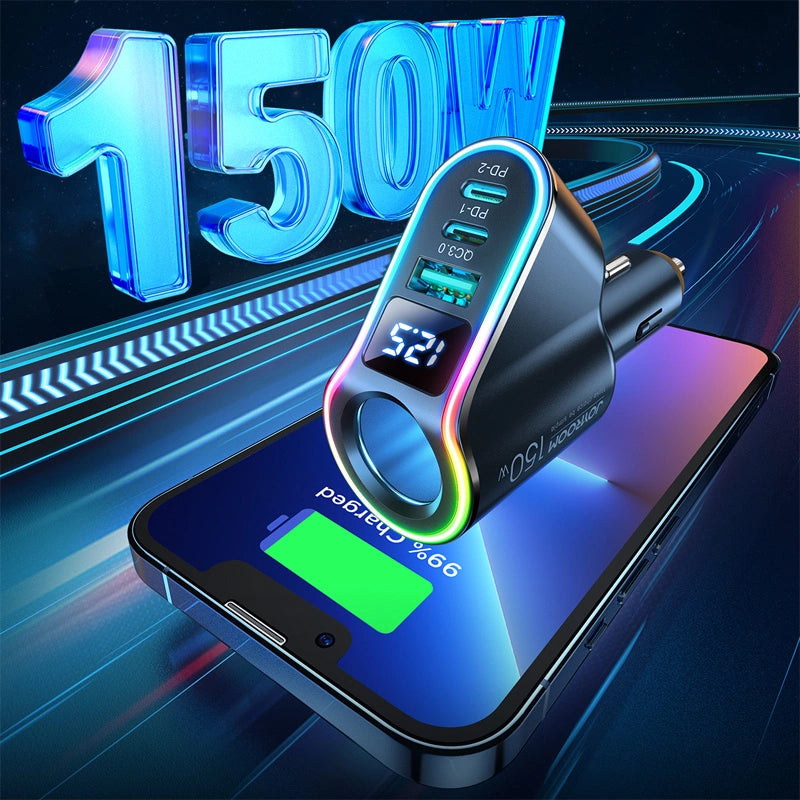 Carregador Automóvel Joyroom JR-CL21, 150W, 3A, 1 x Extensão Isqueiro - 1 x USB-A - 2 x USB-C, Preto