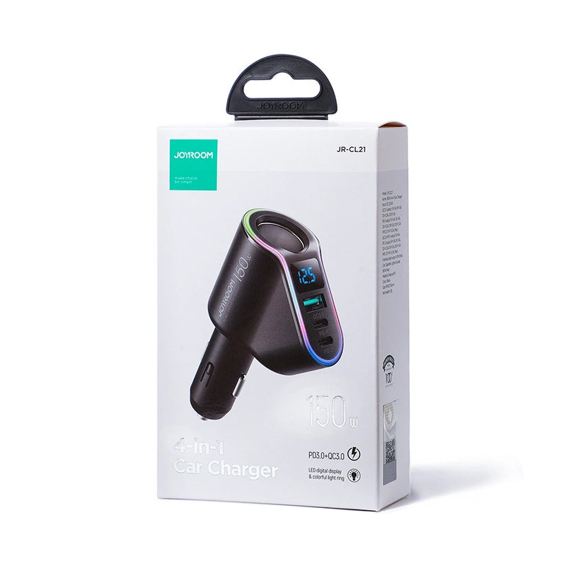 Carregador Automóvel Joyroom JR-CL21, 150W, 3A, 1 x Extensão Isqueiro - 1 x USB-A - 2 x USB-C, Preto