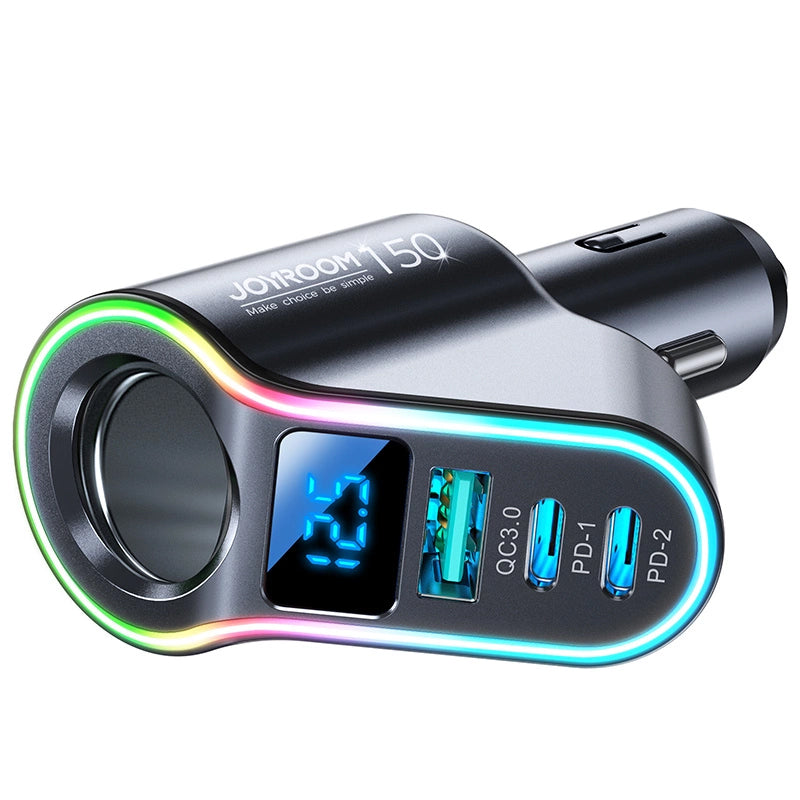 Carregador Automóvel Joyroom JR-CL21, 150W, 3A, 1 x Extensão Isqueiro - 1 x USB-A - 2 x USB-C, Preto