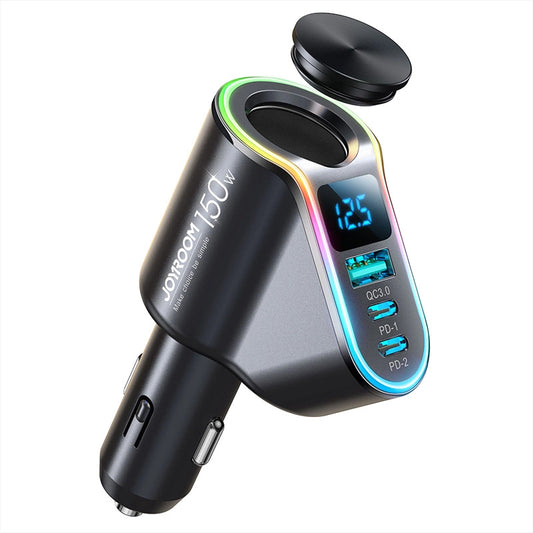 Carregador Automóvel Joyroom JR-CL21, 150W, 3A, 1 x Extensão Isqueiro - 1 x USB-A - 2 x USB-C, Preto