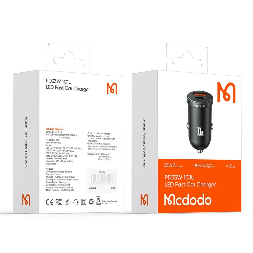 Carregador Auto McDodo CC-2320 Cool, 33W, 3A, 1 x USB-A - 1 x USB-C, Preto