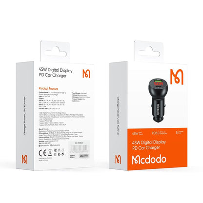 Carregador Auto McDodo CC-7030 Display, 45W, 5A, 1 x USB-A - 1 x USB-C, Preto