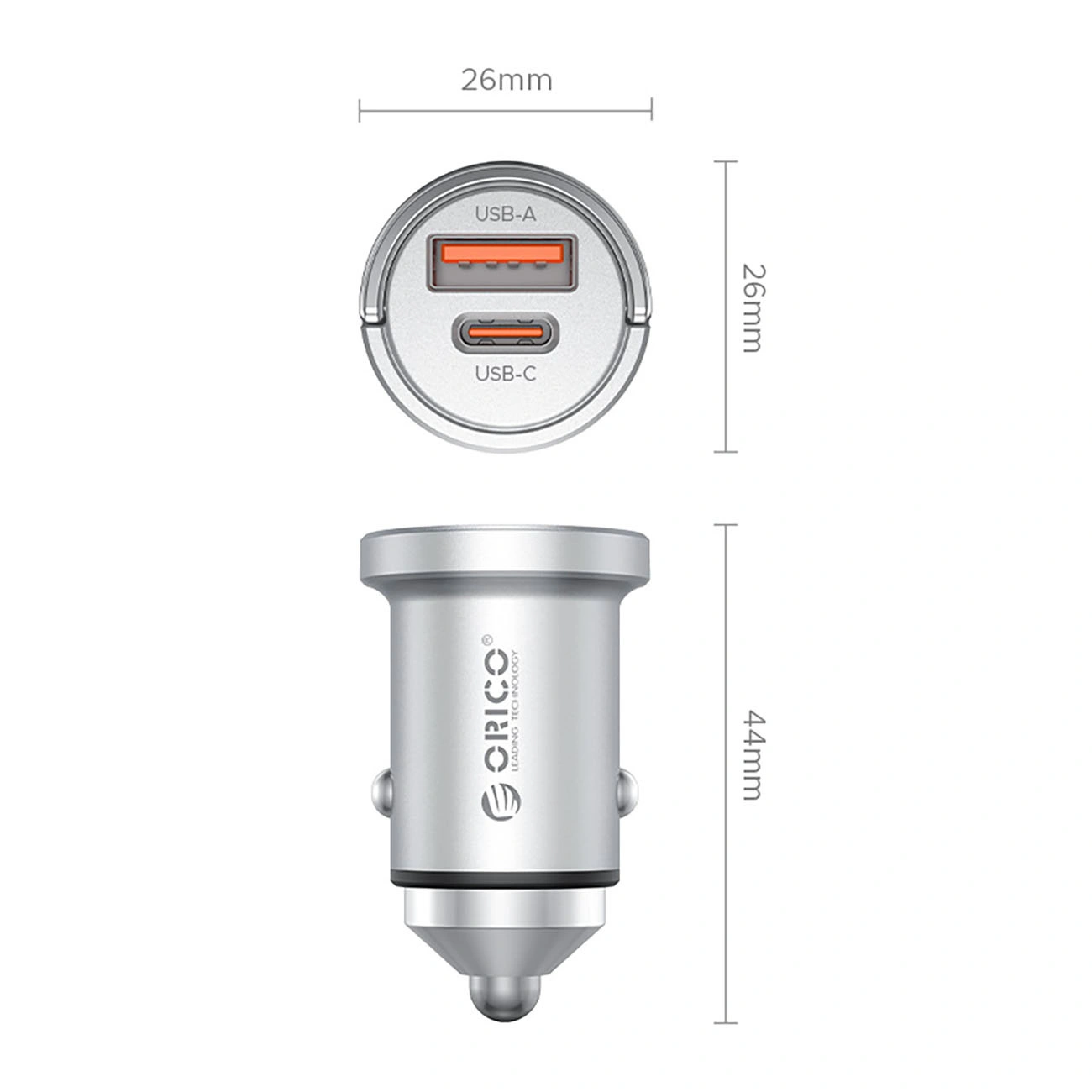 Carregador Automóvel Orico MiniRing Pro, 45W, 3A, 1 x USB-A - 1 x USB-C, Prateado