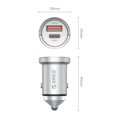Carregador Automóvel Orico MiniRing Pro, 45W, 3A, 1 x USB-A - 1 x USB-C, Prateado
