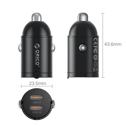 Carregador Auto Orico MiniRing, 30W, 3A, 2 x USB-C, Preto