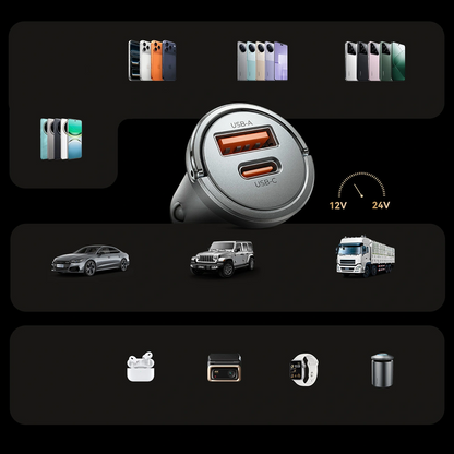 Carregador Automóvel Orico MiniRing Pro, 45W, 3A, 1 x USB-A - 1 x USB-C, Prateado