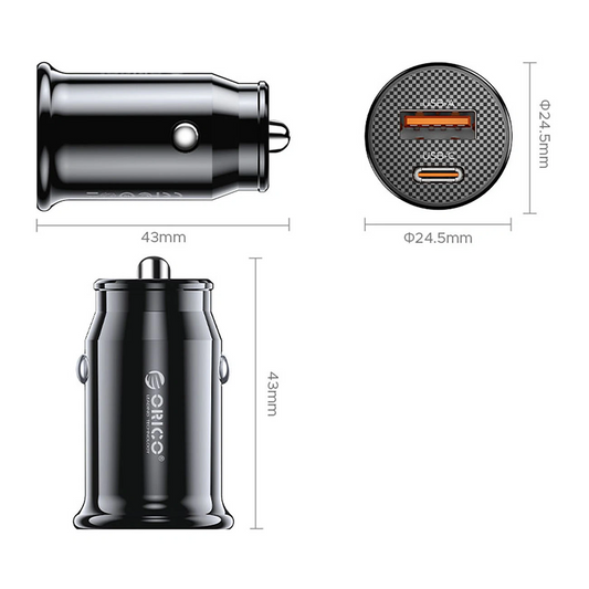 Carregador Automóvel Orico PowerMini, 30W, 3A, 1 x USB-A - 1 x USB-C, Preto