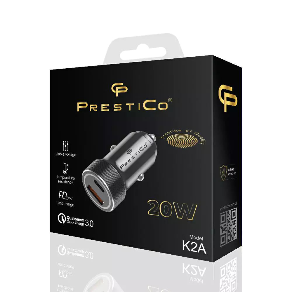 Carregador Automóvel Prestico K2A, 20W, 3A, 1 x USB-A - 1 x USB-C, Preto