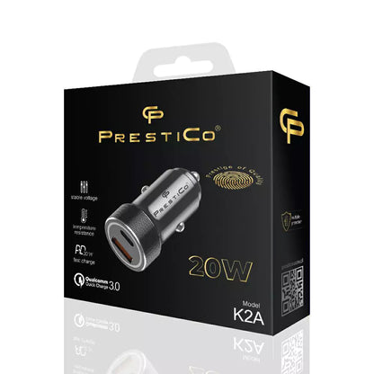 Carregador Automóvel Prestico K2A, 20W, 3A, 1 x USB-A - 1 x USB-C, Preto