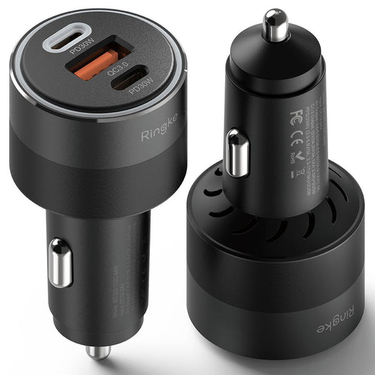 Carregador Auto Ringke, 30W, 3A, 1 x USB-A - 2 x USB-C, Preto