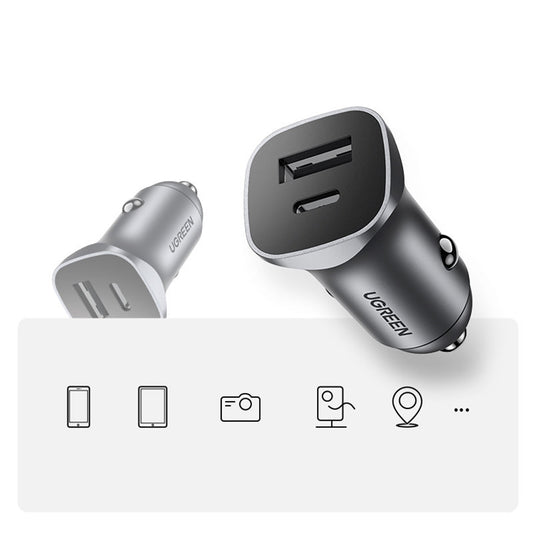 Carregador Auto UGREEN CD130, 24W, 3A, 1 x USB-A - 1 x USB-C, Cinzento
