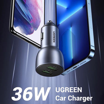 Carregador de isqueiro UGREEN CD213, 36W, 3A, 2 x USB-A, cinzento 