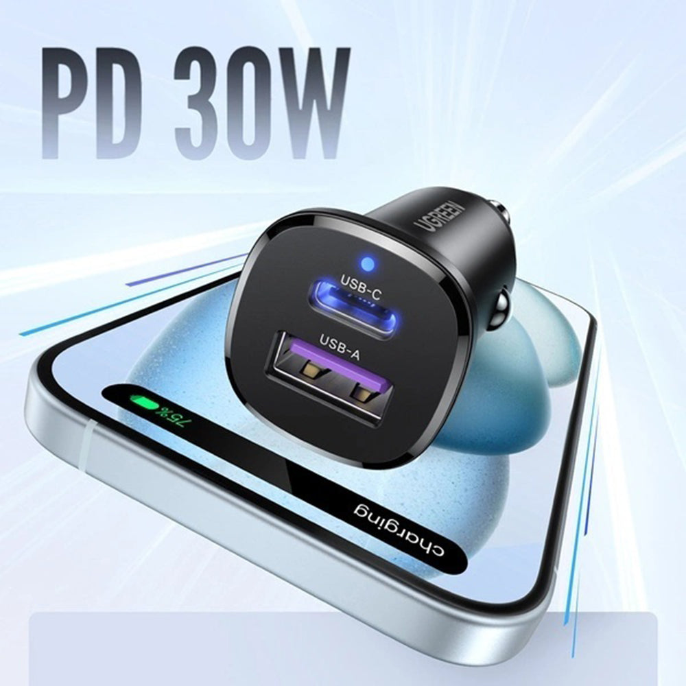 Carregador Auto UGREEN EC305, 30W, 3A, 1 x USB-A - 1 x USB-C, Preto