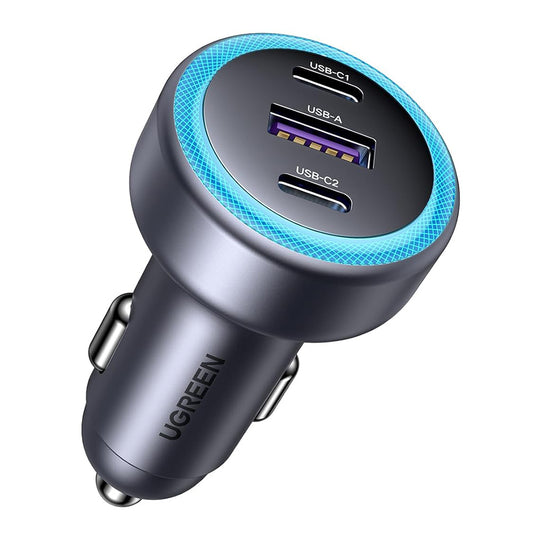 Carregador Auto UGREEN EC307, 30W, 3A, 1 x USB-A - 2 x USB-C, Cinzento