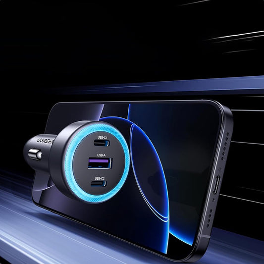 Carregador Auto UGREEN EC307, 30W, 3A, 1 x USB-A - 2 x USB-C, Cinzento