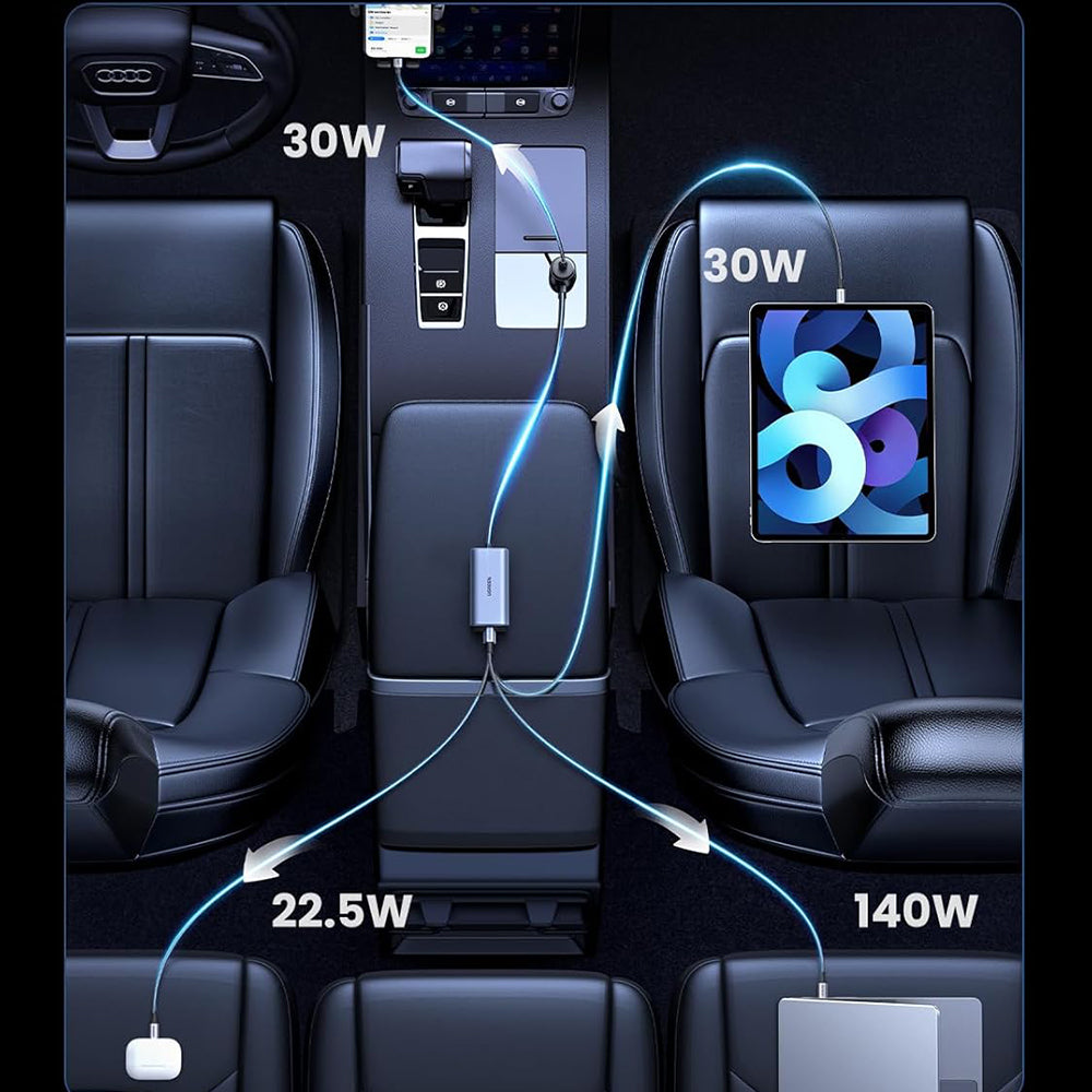 Carregador Auto UGREEN EC706, 150W, 5A, 1 x USB-A - 3 x USB-C, Preto