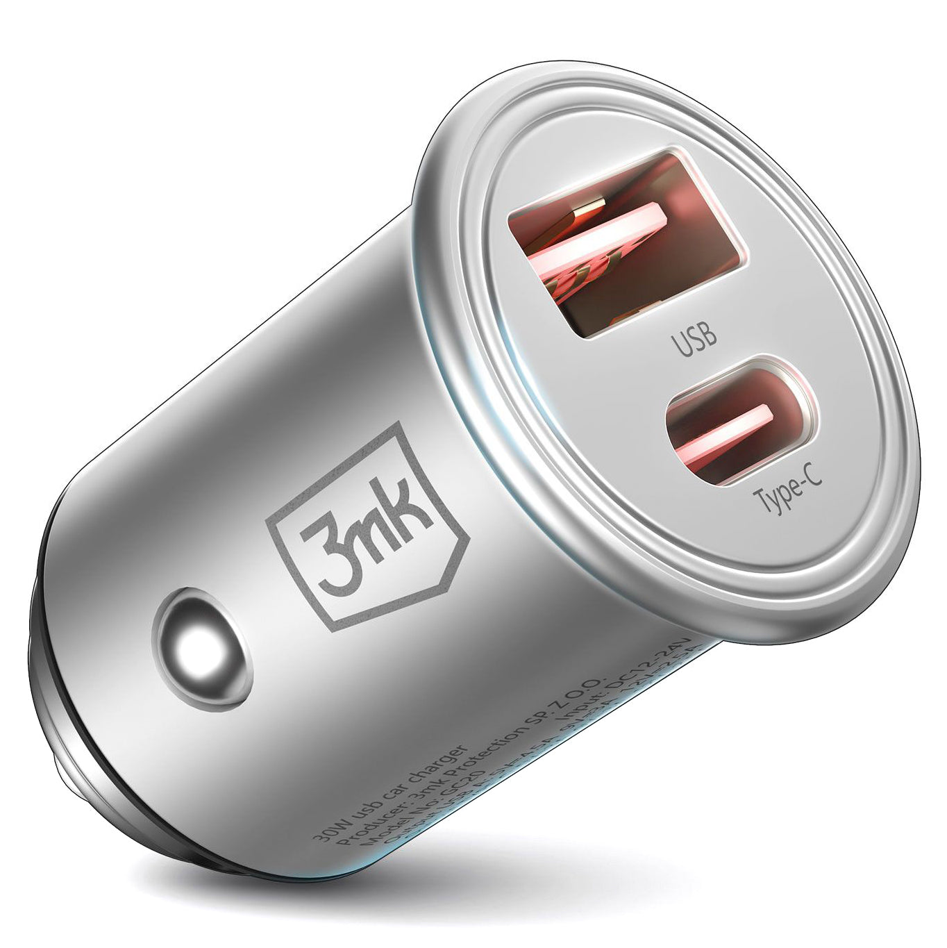 Carregador de isqueiro 3MK HyperCharger, 30W, 5A, 1 x USB-A - 1 x USB-C, prateado