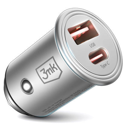 Carregador de isqueiro 3MK HyperCharger, 30W, 5A, 1 x USB-A - 1 x USB-C, prateado