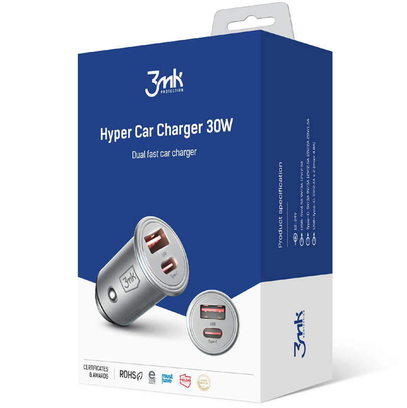 Carregador de isqueiro 3MK HyperCharger, 30W, 5A, 1 x USB-A - 1 x USB-C, prateado