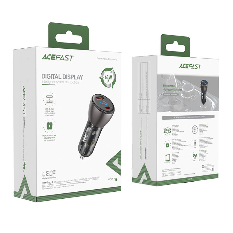 Carregador Automóvel Acefast B6, 63W, 3.6A, 1 x USB-A - 1 x USB-C, Preto