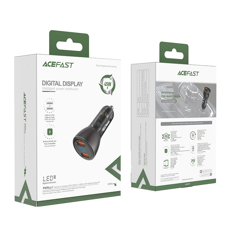 Carregador de isqueiro Acefast B7, 45 W, 4,5 A, 2 x USB-A, preto