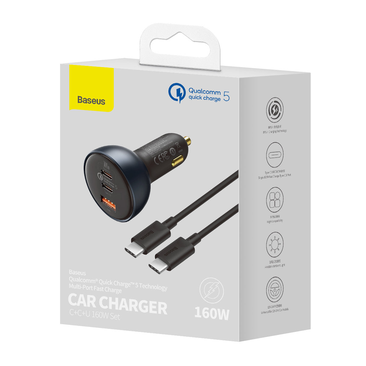 Carregador de isqueiro com cabo USB-C Baseus Qualcomm, 160 W, 3 A, 1 x USB-A - 2 x USB-C, cinzento TZCCZZM-0G