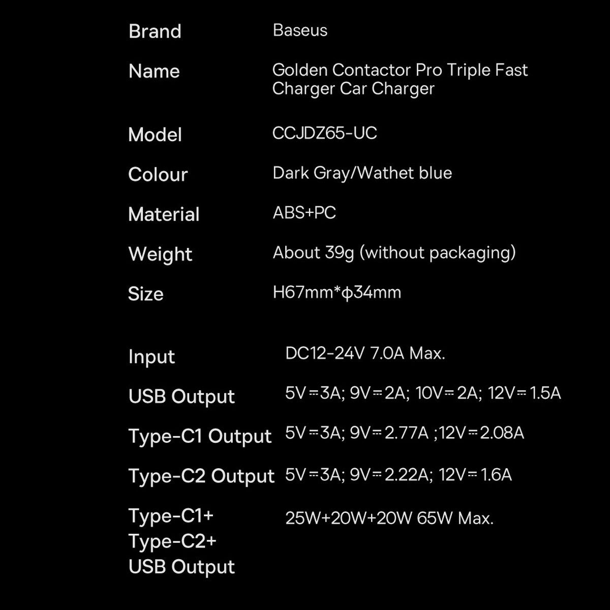 Carregador de isqueiro Baseus Golden Contactor Pro, 65W, 3A, 1 x USB-A - 2 x USB-C, cinzento CGJP010013