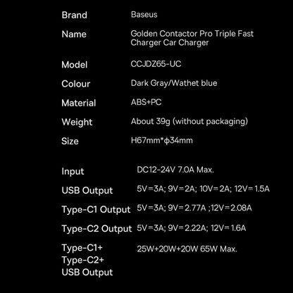 Carregador de isqueiro Baseus Golden Contactor Pro, 65W, 3A, 1 x USB-A - 2 x USB-C, cinzento CGJP010013