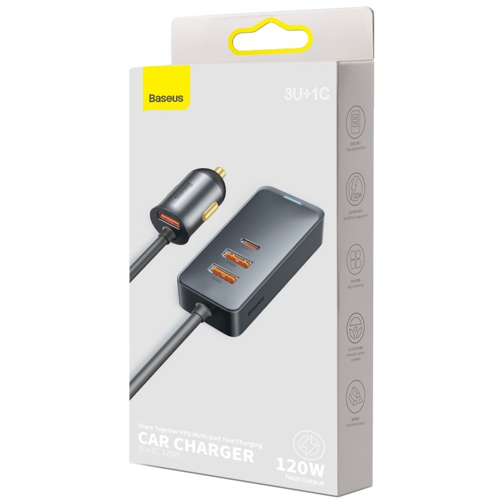 Carregador de automóvel Baseus Share Together, 120 W, 3 A, 3 x USB-A - 1 x USB-C, cinzento CCBT-B0G