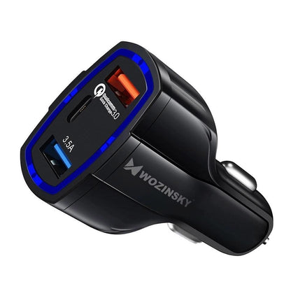 Carregador de isqueiro WZK WCC-01, 36W, 3,5A, 1 x USB-C - 2 x USB-A, preto