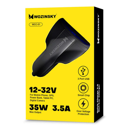 Carregador de isqueiro WZK WCC-01, 36W, 3,5A, 1 x USB-C - 2 x USB-A, preto