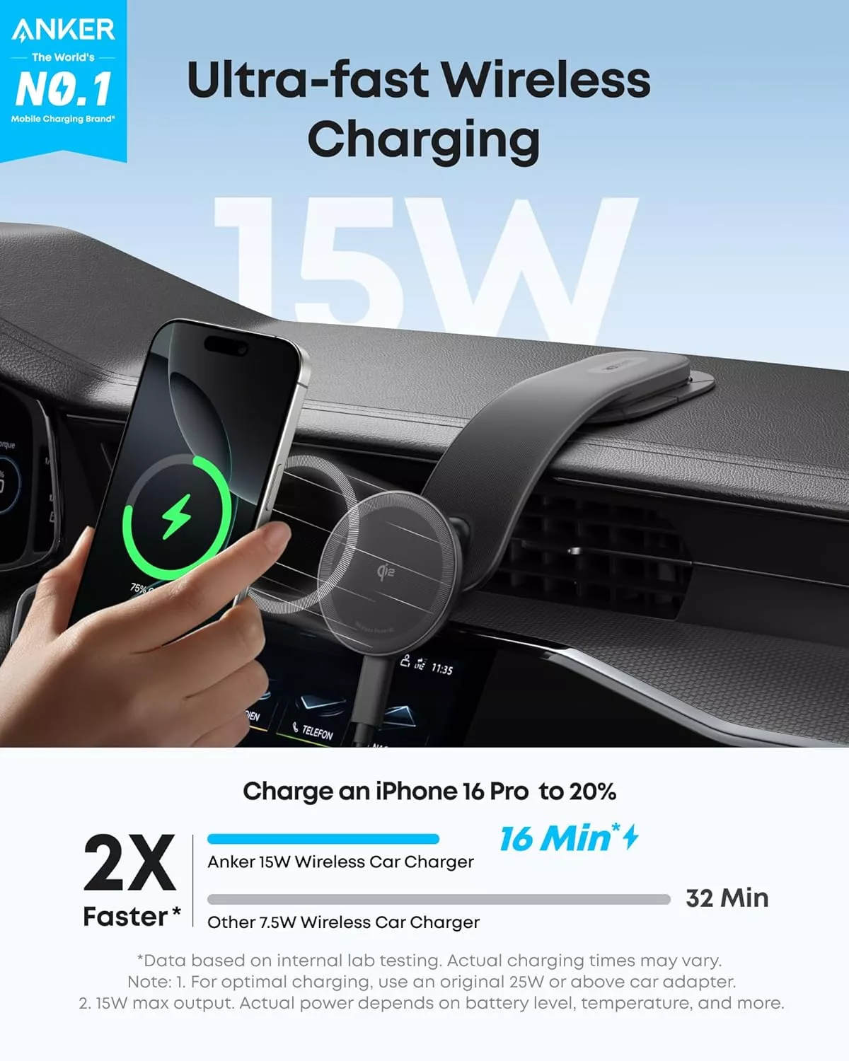 Carregador Auto Wireless Anker Nano, 15W, 1.67A, Preto B2216H11
