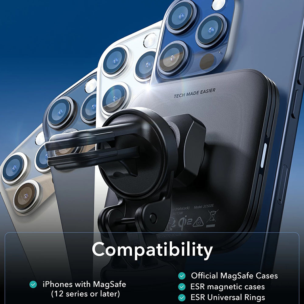 Carregador Auto Wireless ESR HaloLock Vent, 15W, 1.67A, Preto