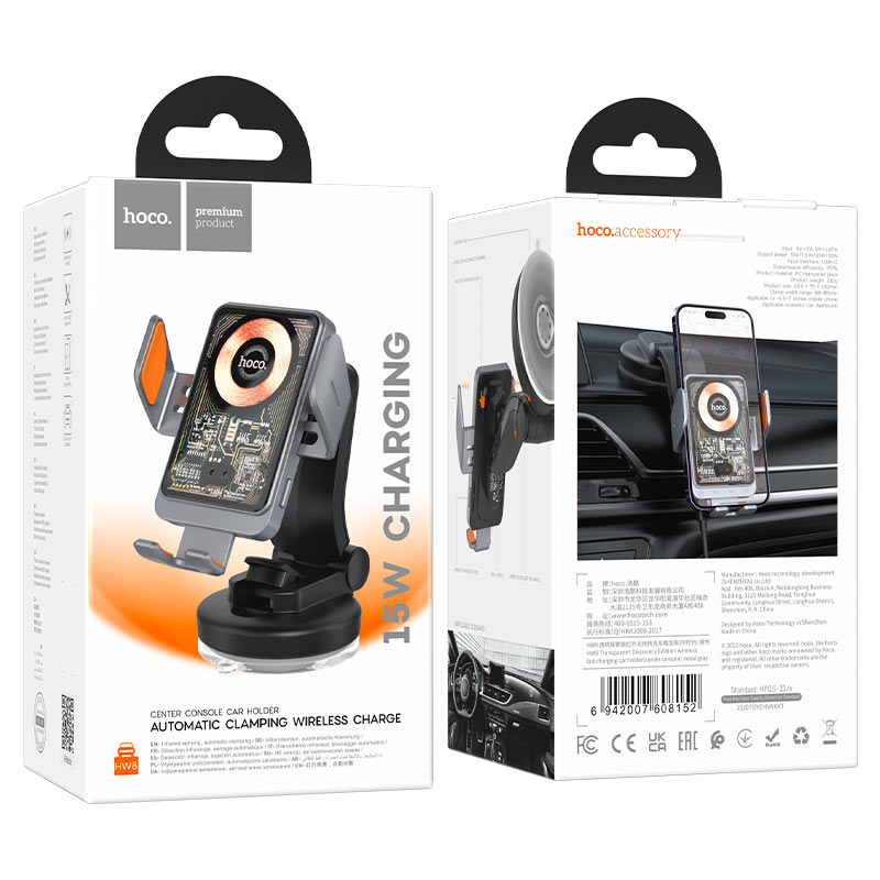 Carregador Auto Wireless HOCO HW8, 15W, 1.67A, Preto