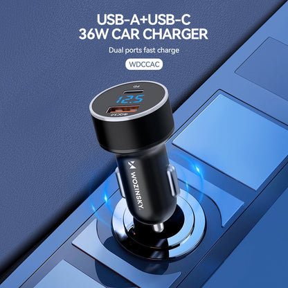 Carregador de isqueiro WZK WDCCAC, 36W, 3A, 1 x USB-A - 1 x USB-C, preto 