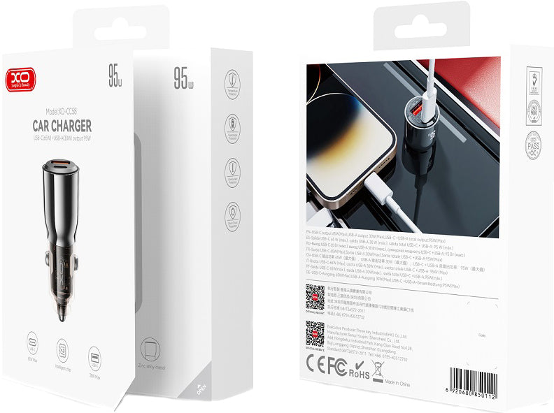Carregador Auto XO Design CC58, 95W, 3.25A, 1 x USB-A - 1 x USB-C, Preto