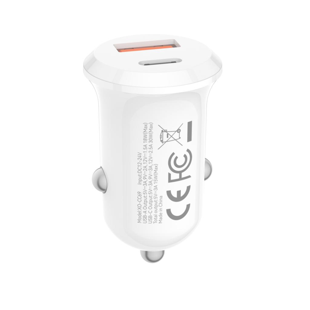 Carregador Auto XO Design CC69, 30W, 3A, 1 x USB-A - 1 x USB-C, Branco