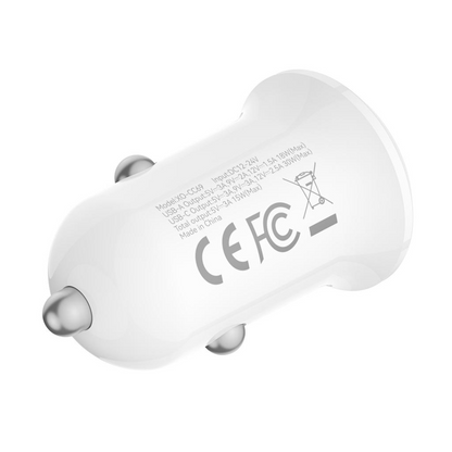 Carregador Auto XO Design CC69, 30W, 3A, 1 x USB-A - 1 x USB-C, Branco