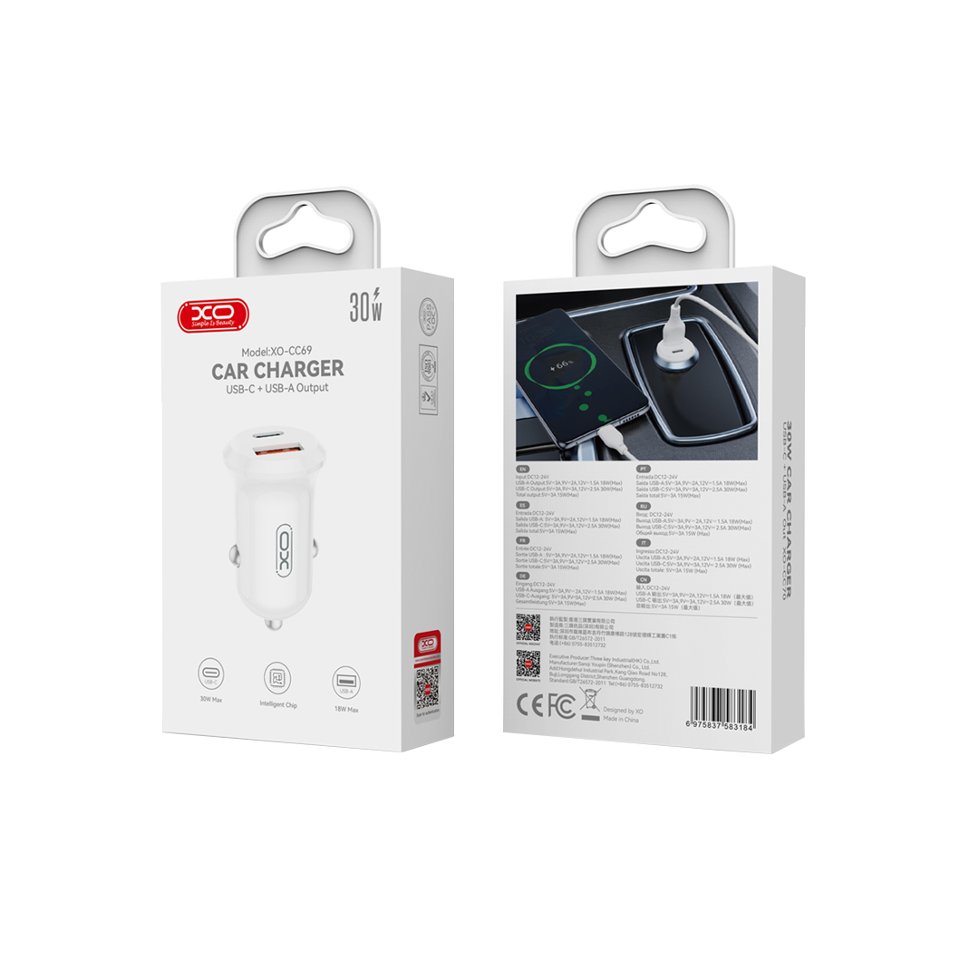 Carregador Auto XO Design CC69, 30W, 3A, 1 x USB-A - 1 x USB-C, Branco