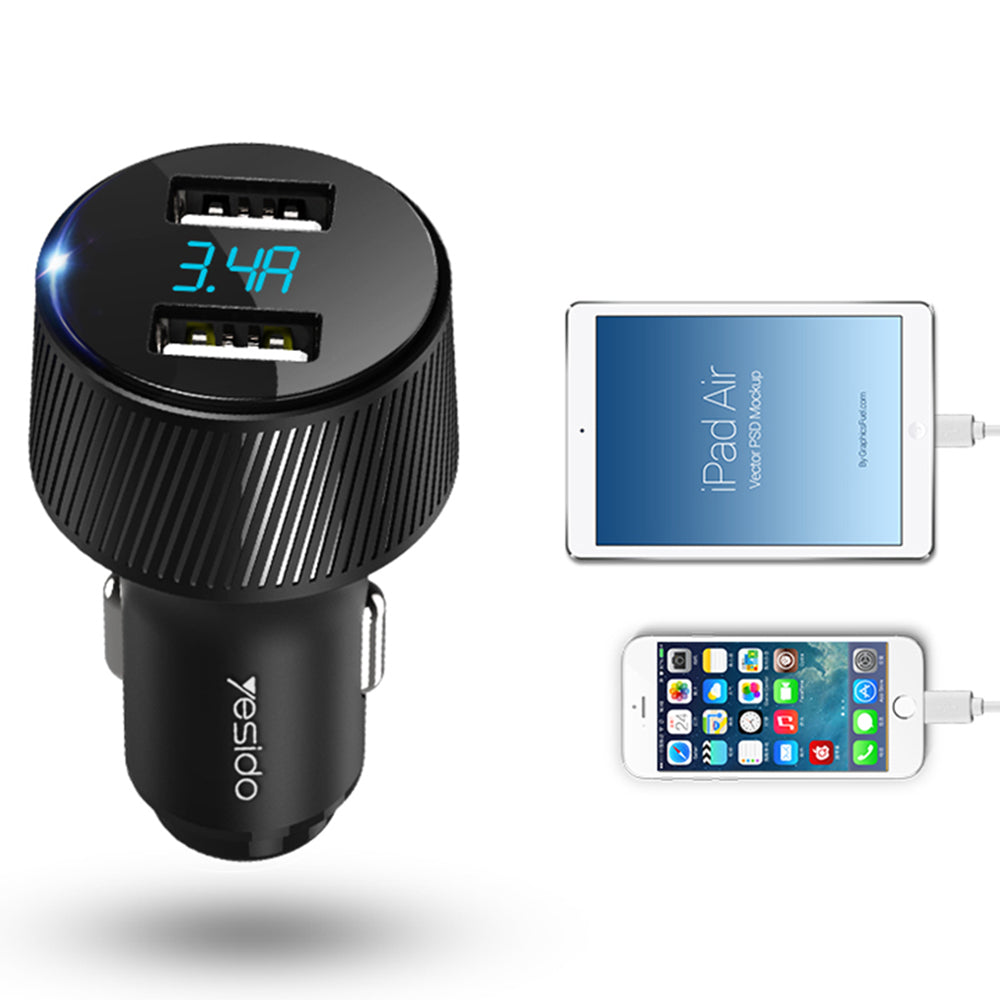Carregador Auto Yesido Y31 Display, 18W, 3A, 2 x USB-A, Preto