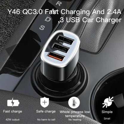 Carregador Auto Yesido Y46, 42W, 3A, 3 x USB-A, Preto