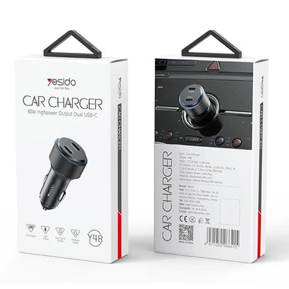 Carregador Auto Yesido Y48, 60W, 3A, 2 x USB-C, Preto