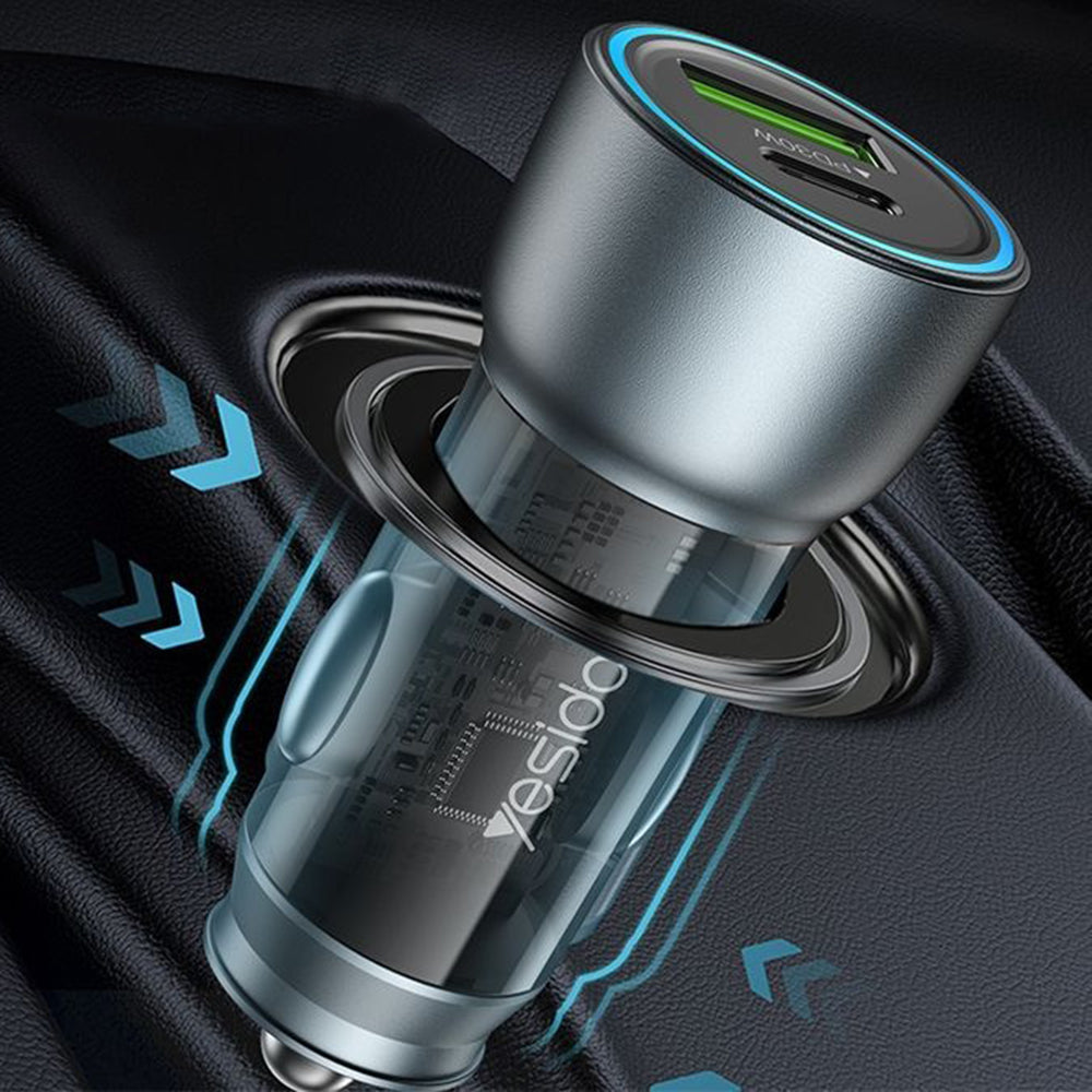 Carregador Auto Yesido Y49, 30W, 3A, 1 x USB-A - 1 x USB-C, Cinzento