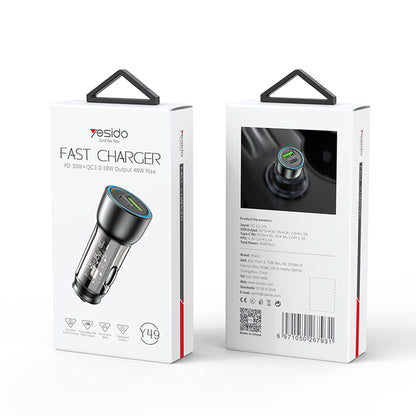 Carregador Auto Yesido Y49, 30W, 3A, 1 x USB-A - 1 x USB-C, Cinzento