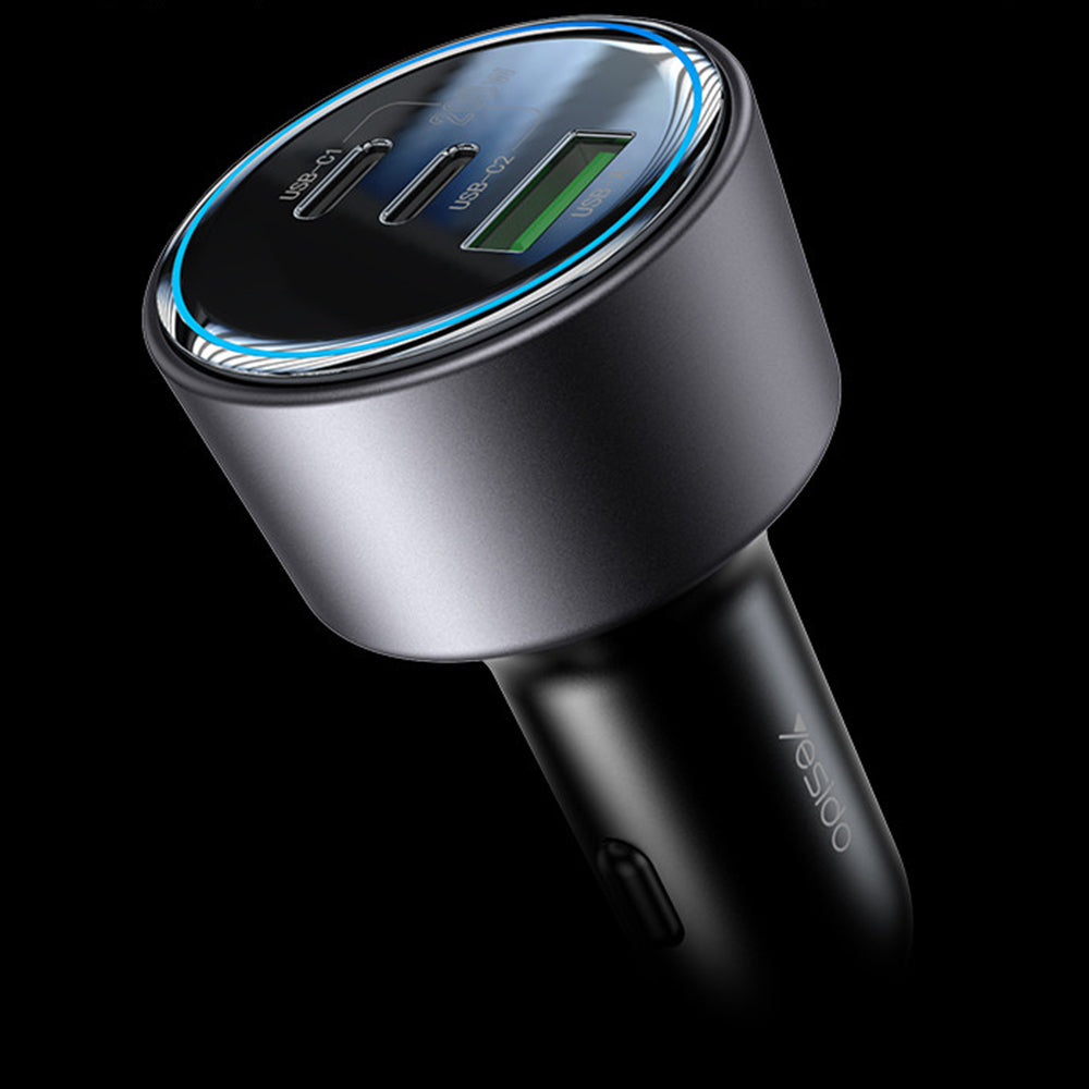 Carregador Auto Yesido Y59, 200W, 5A, 1 x USB-A - 2 x USB-C, Preto