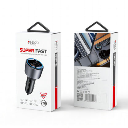 Carregador Auto Yesido Y59, 200W, 5A, 1 x USB-A - 2 x USB-C, Preto
