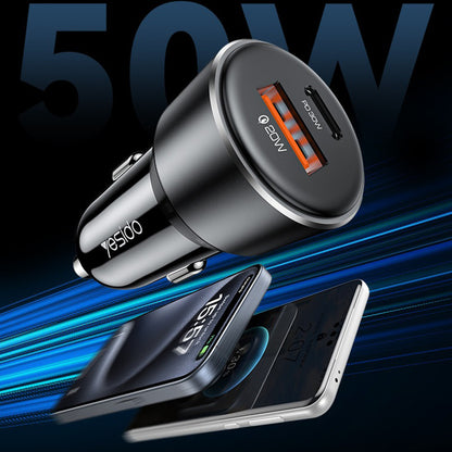 Carregador Auto Yesido Y64, 50W, 3A, 1 x USB-A - 1 x USB-C, Preto