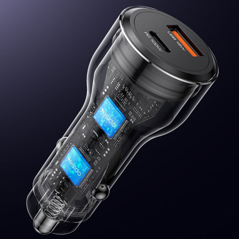 Carregador Auto Yesido Y65, 100W, 5A, 1 x USB-A - 1 x USB-C, Preto